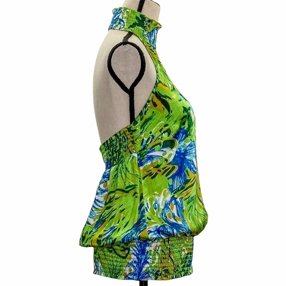 COTTON Express Green Blue Floral Print Open Back Halter Sleeveless Blouse - Picture 4 of 11